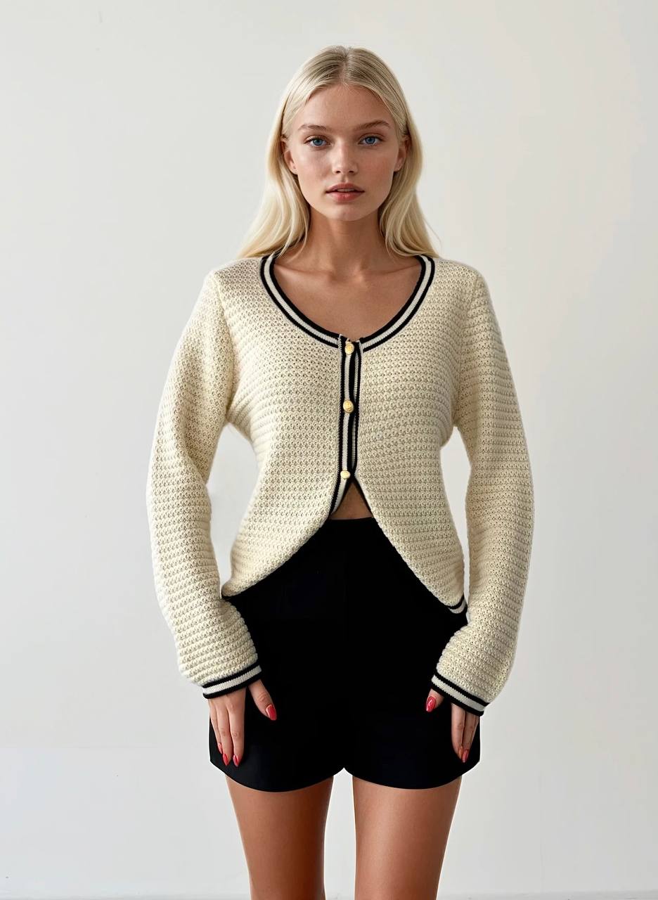 CARDIGAN COURT EN MAILLE CONTRASTÉE
