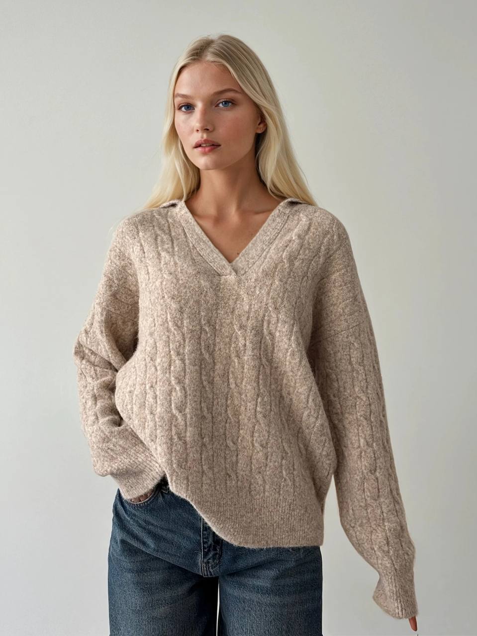 PULL COL V MAILLE TORSADÉE